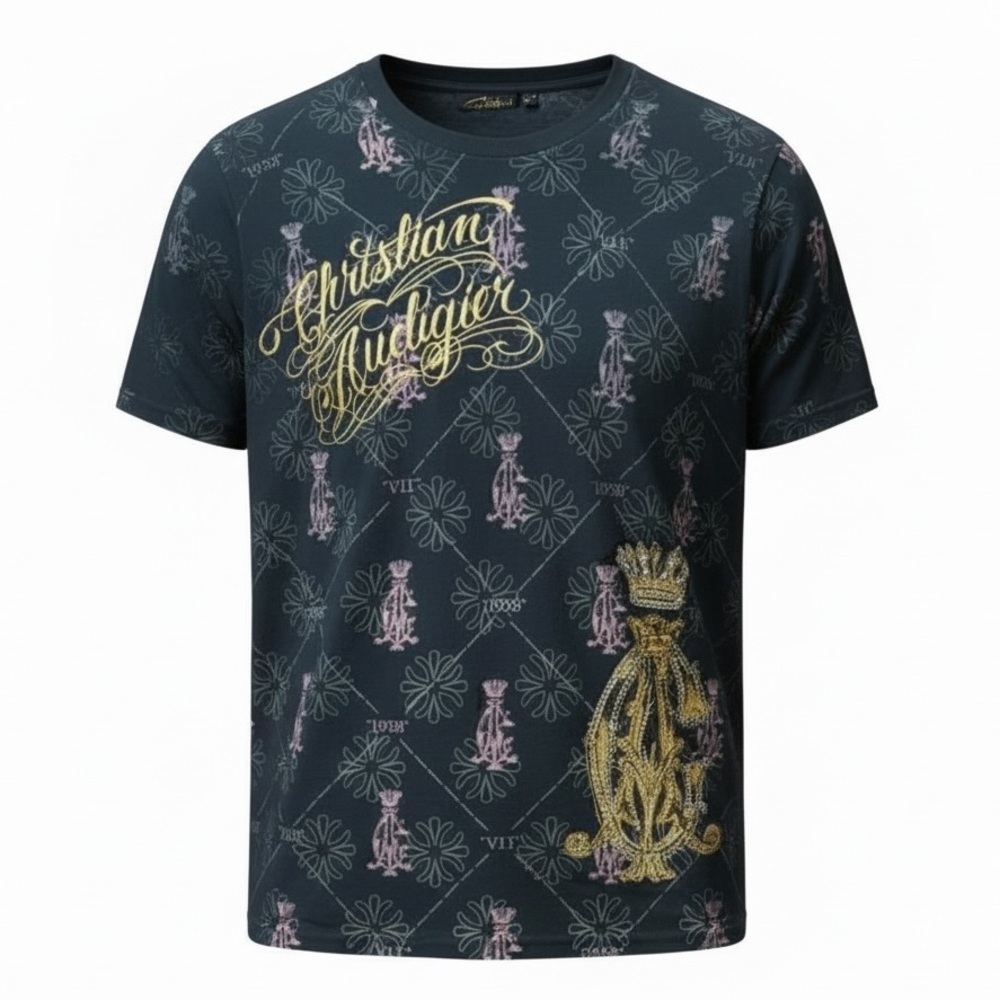 Christian Audigier Graphic Print T Shirt Black Gold Metallic Scorpion Large